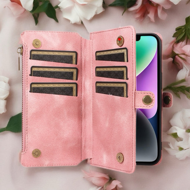 BlushCarry Leather Wallet iPhone Case Zipper Pocket Card Holder with Wrist Strap