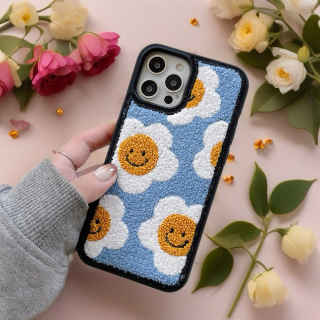 Smiley Daisy Tufted Fabric Case for iPhone | Cute Plush Protective Phone Cover