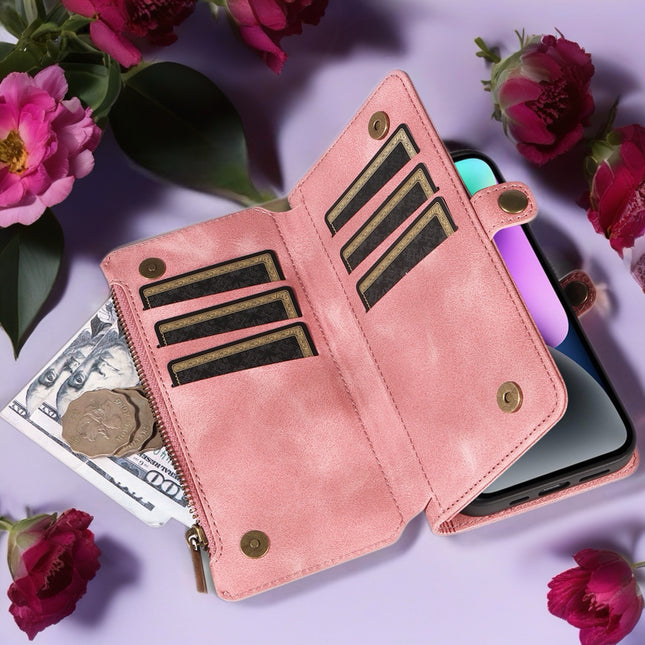 BlushCarry Leather Wallet iPhone Case Zipper Pocket Card Holder with Wrist Strap