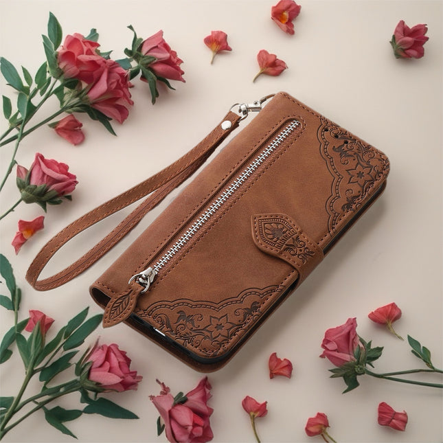Botanical Embossed Wallet Case for Phone | Leather Flip Cover with Card Slots & Wrist Strap
