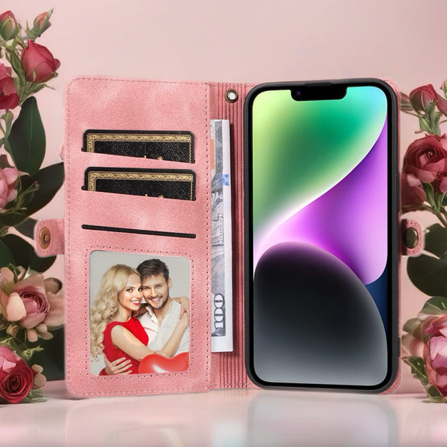 BlushCarry Leather Wallet iPhone Case Zipper Pocket Card Holder with Wrist Strap