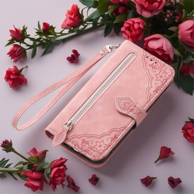 Botanical Embossed Wallet Case for Phone | Leather Flip Cover with Card Slots & Wrist Strap