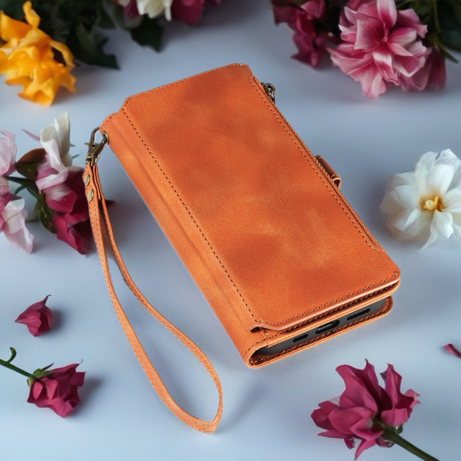 BlushCarry Leather Wallet iPhone Case Zipper Pocket Card Holder with Wrist Strap