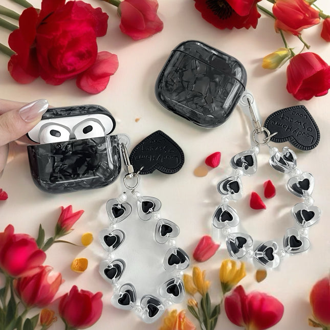 Black Obsidian Marble AirPods Case Glossy Protective Cover with Heart Charm Strap
