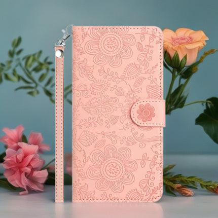 Scarlet Bloom Embossed Leather Wallet Phone Case Floral Snap Cover with Wrist Strap