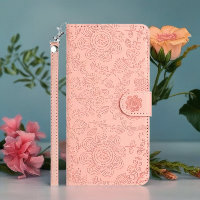 Scarlet Bloom Embossed Leather Wallet Phone Case Floral Snap Cover with Wrist Strap