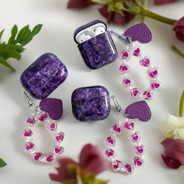 Amethyst Marble AirPods Case Glossy Protective Cover with Heart Charm Strap