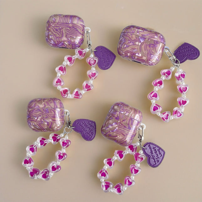 Purple Sapphire Marble AirPods Case Glossy Protective Cover with Heart Charm Strap