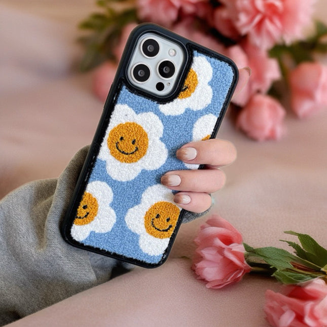 Smiley Daisy Tufted Fabric Case for iPhone | Cute Plush Protective Phone Cover
