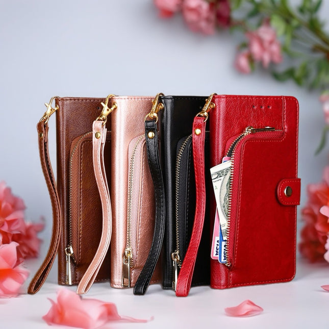 Valencia Luxe Zip Wallet Phone Case Multi Card Leather Cover with Wrist Strap