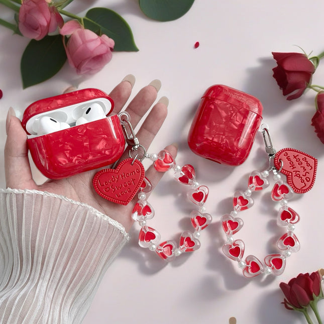 Garnet Marble AirPods Case Glossy Protective Cover with Heart Charm Strap