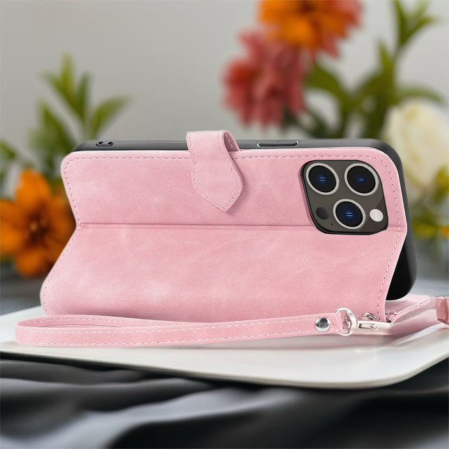 Botanical Embossed Wallet Case for Phone | Leather Flip Cover with Card Slots & Wrist Strap