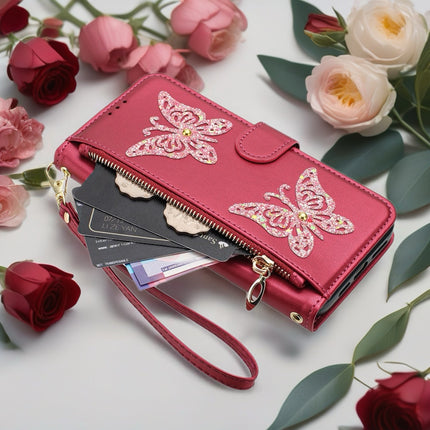 Butterfly Leather Wallet Case for iPhone | Zipper Pocket, Card Slots & Wrist Strap