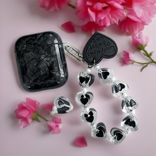 Black Obsidian Marble AirPods Case Glossy Protective Cover with Heart Charm Strap