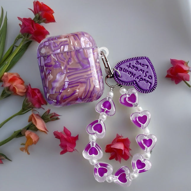 Purple Sapphire Marble AirPods Case Glossy Protective Cover with Heart Charm Strap