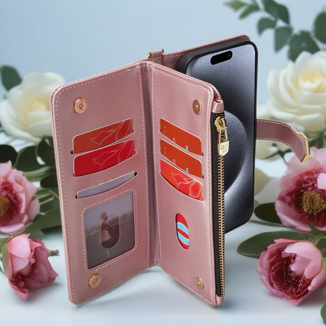 Monarch Luxe Zip Wallet iPhone Case Leather Card Holder with Chain Strap