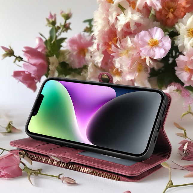 BlushCarry Leather Wallet iPhone Case Zipper Pocket Card Holder with Wrist Strap