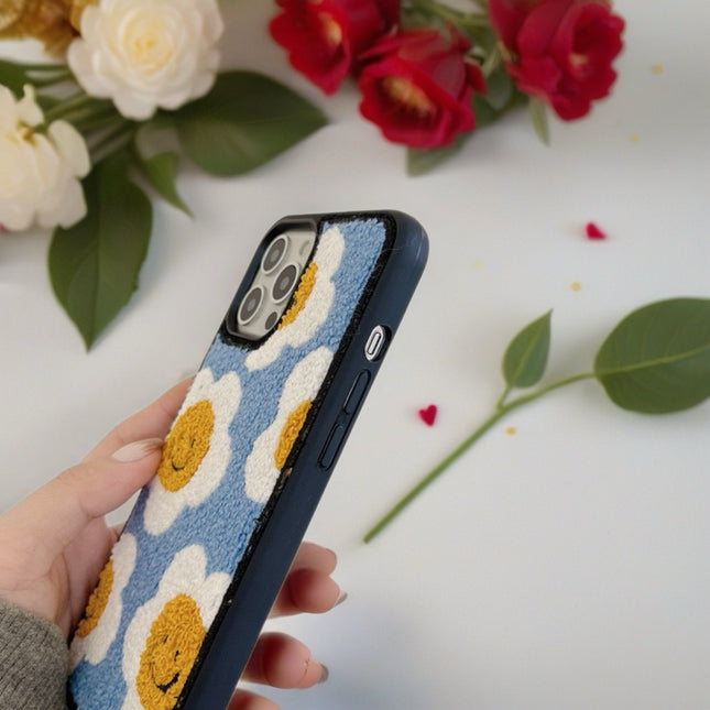 Smiley Daisy Tufted Fabric Case for iPhone | Cute Plush Protective Phone Cover
