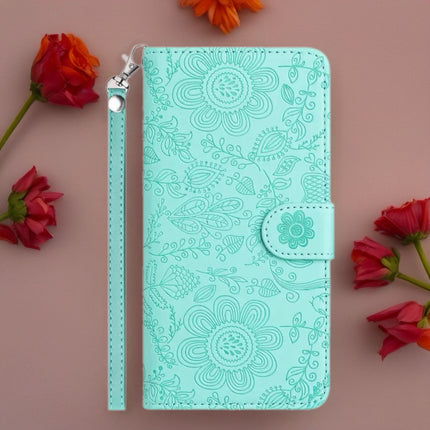 Scarlet Bloom Embossed Leather Wallet Phone Case Floral Snap Cover with Wrist Strap