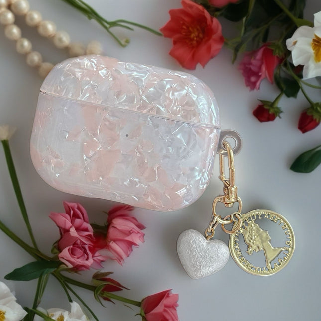 Opal Marble AirPods Case Glossy Protective Cover with Heart Coin Charm