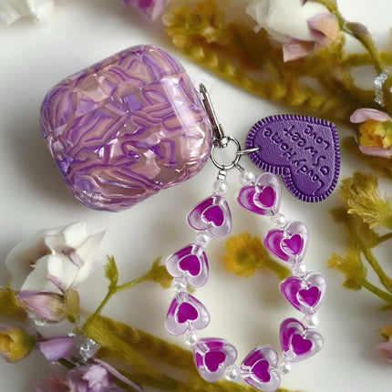 Purple Sapphire Marble AirPods Case Glossy Protective Cover with Heart Charm Strap