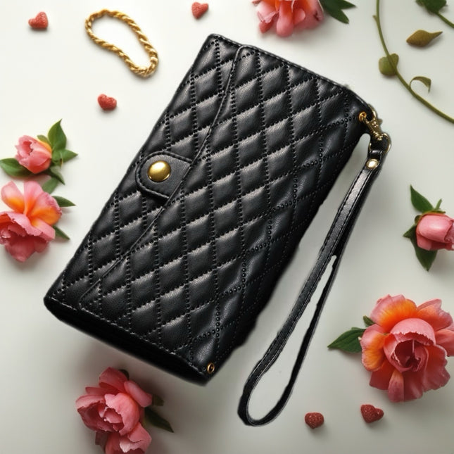 Quilted iPhone Wallet Case with Zip Pocket & Wrist Strap for Elegant Daily Carry
