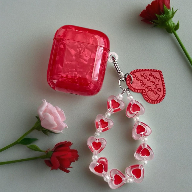 Garnet Marble AirPods Case Glossy Protective Cover with Heart Charm Strap