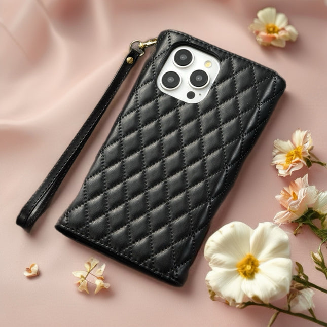 Quilted iPhone Wallet Case with Zip Pocket & Wrist Strap for Elegant Daily Carry