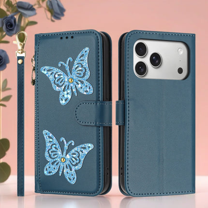 Butterfly Leather Wallet Case for iPhone | Zipper Pocket, Card Slots & Wrist Strap