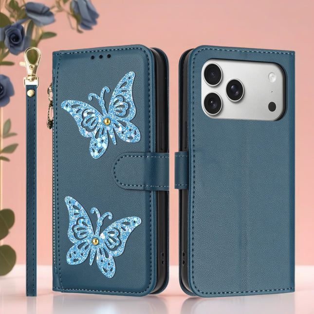 Butterfly Leather Wallet Case for iPhone | Zipper Pocket, Card Slots & Wrist Strap