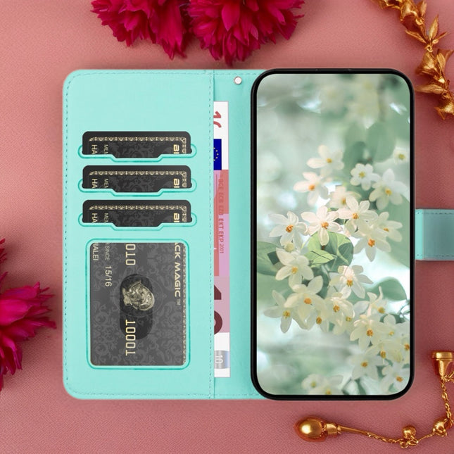 Scarlet Bloom Embossed Leather Wallet Phone Case Floral Snap Cover with Wrist Strap