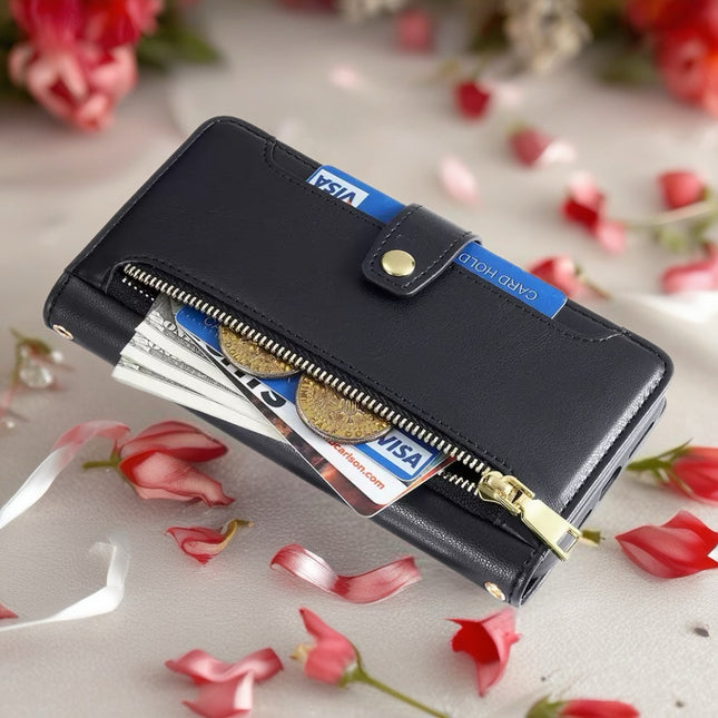 Minimal Leather Crossbody Phone Wallet Case | Zip Pocket, Card Slots & Shoulder Strap