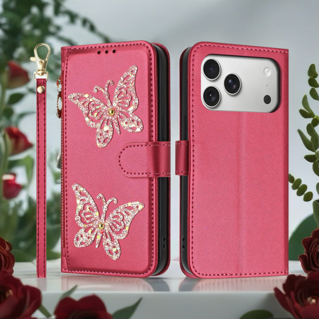 Butterfly Leather Wallet Case for iPhone | Zipper Pocket, Card Slots & Wrist Strap