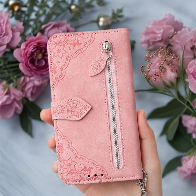 Botanical Embossed Wallet Case for Phone | Leather Flip Cover with Card Slots & Wrist Strap