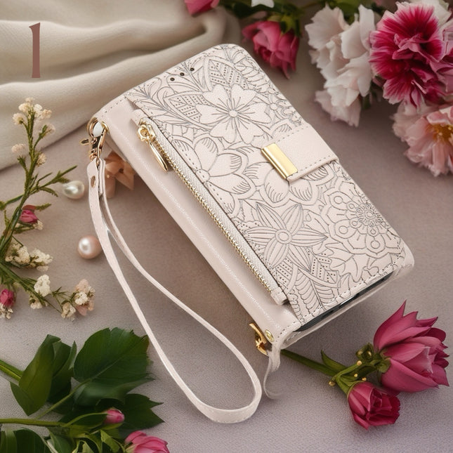 Floral Wallet Phone Case with Pouch | Elegant Flower Design, Protective Cover & Built-In Storage for Cards and Essential