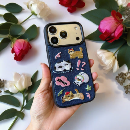 Kawaii Embroidered Cat Denim Case for iPhone | Protective Fabric Phone Cover