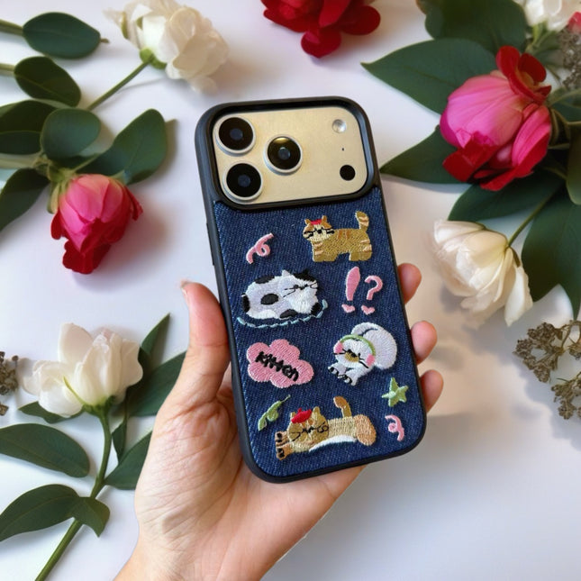 Kawaii Embroidered Cat Denim Case for iPhone | Protective Fabric Phone Cover