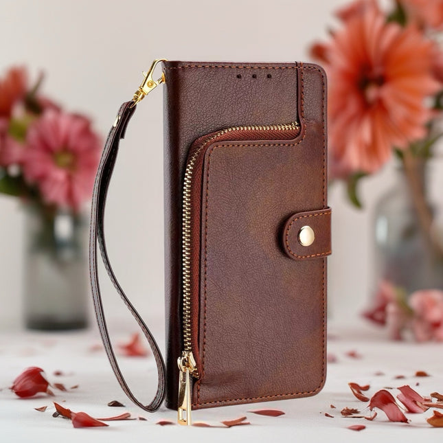 Valencia Luxe Zip Wallet Phone Case Multi Card Leather Cover with Wrist Strap