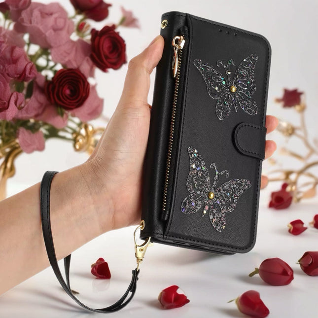 Butterfly Leather Wallet Case for iPhone | Zipper Pocket, Card Slots & Wrist Strap