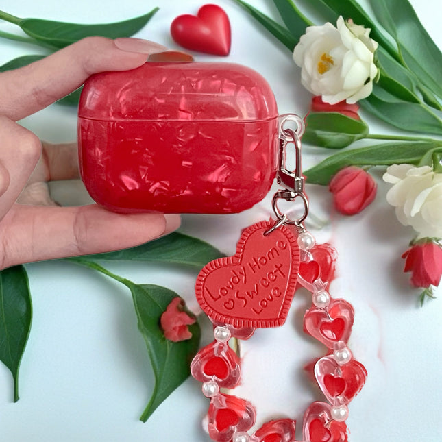 Garnet Marble AirPods Case Glossy Protective Cover with Heart Charm Strap