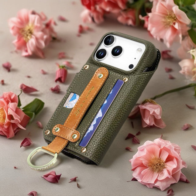 Multi-Function Leather Wallet Case for Phone | Zipper Pocket, Card Slots & Hand Strap