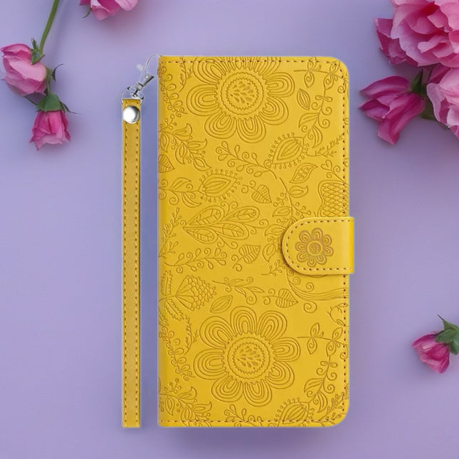 Scarlet Bloom Embossed Leather Wallet Phone Case Floral Snap Cover with Wrist Strap