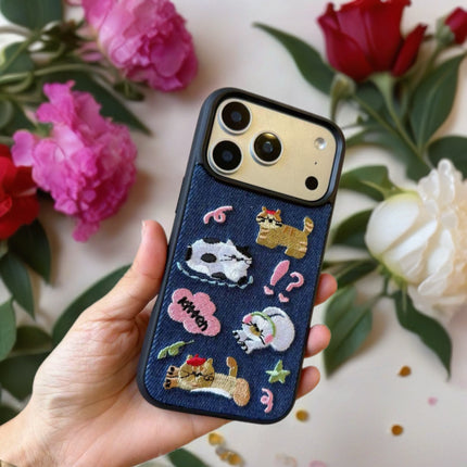 Kawaii Embroidered Cat Denim Case for iPhone | Protective Fabric Phone Cover