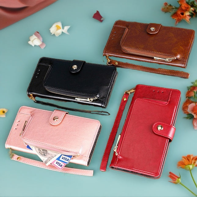 Valencia Luxe Zip Wallet Phone Case Multi Card Leather Cover with Wrist Strap
