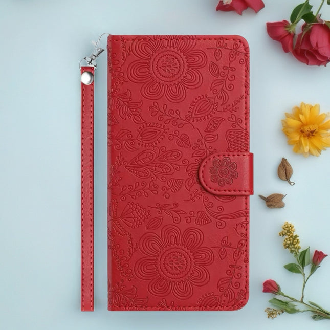 Scarlet Bloom Embossed Leather Wallet Phone Case Floral Snap Cover with Wrist Strap