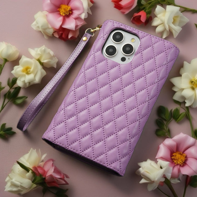 Quilted iPhone Wallet Case with Zip Pocket & Wrist Strap for Elegant Daily Carry