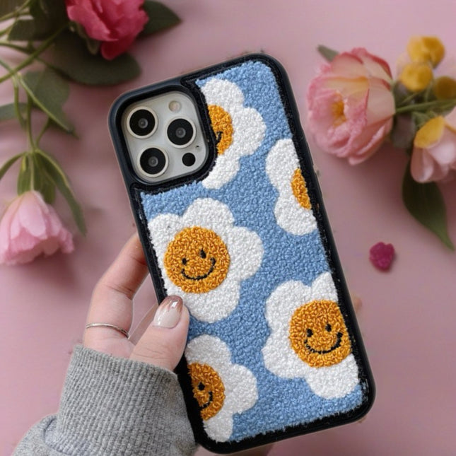 Smiley Daisy Tufted Fabric Case for iPhone | Cute Plush Protective Phone Cover