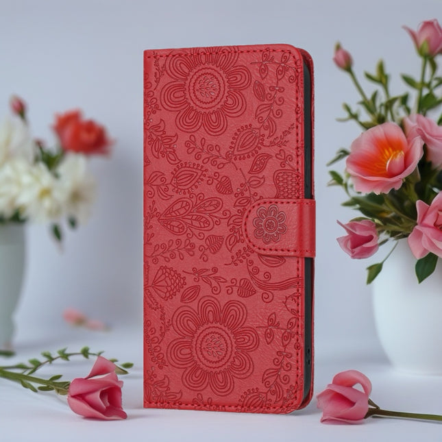 Scarlet Bloom Embossed Leather Wallet Phone Case Floral Snap Cover with Wrist Strap