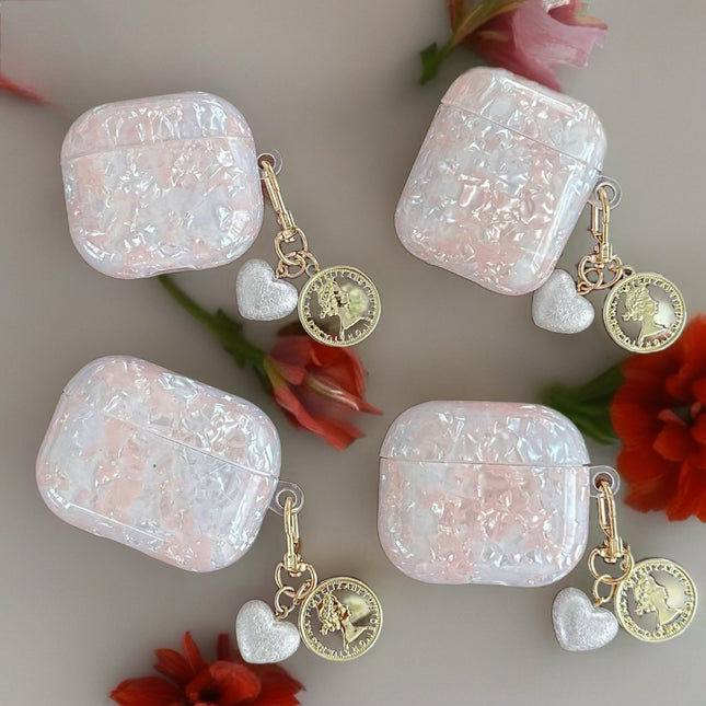 Opal Marble AirPods Case Glossy Protective Cover with Heart Coin Charm