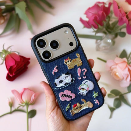Kawaii Embroidered Cat Denim Case for iPhone | Protective Fabric Phone Cover